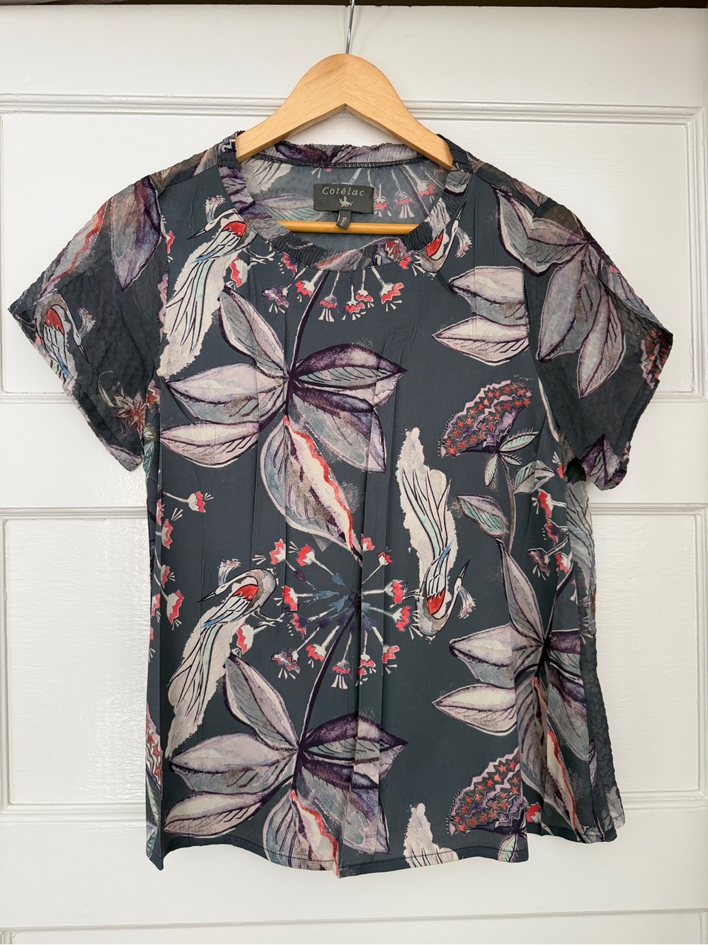 Cotelac Silk Floral & Bird Short-Sleeve Blouse